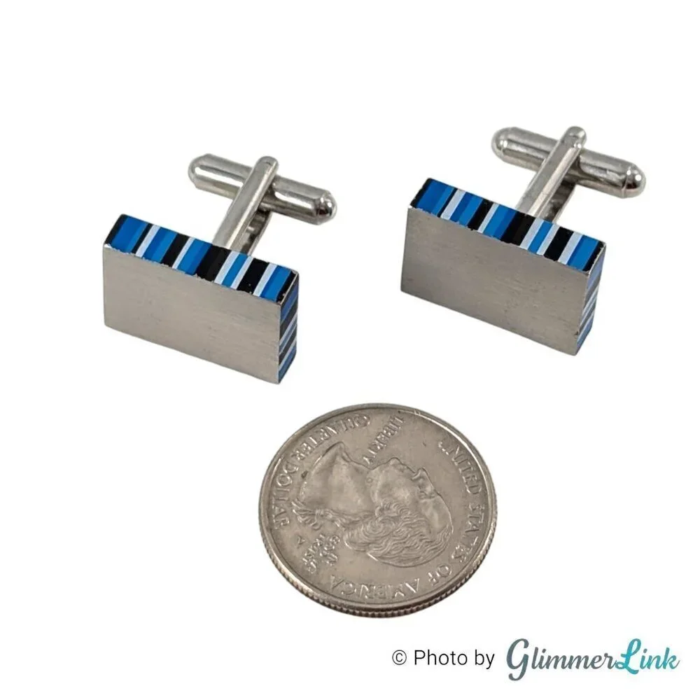 Rectangle Blue Black Stripe Rim Silver Tone Cufflinks